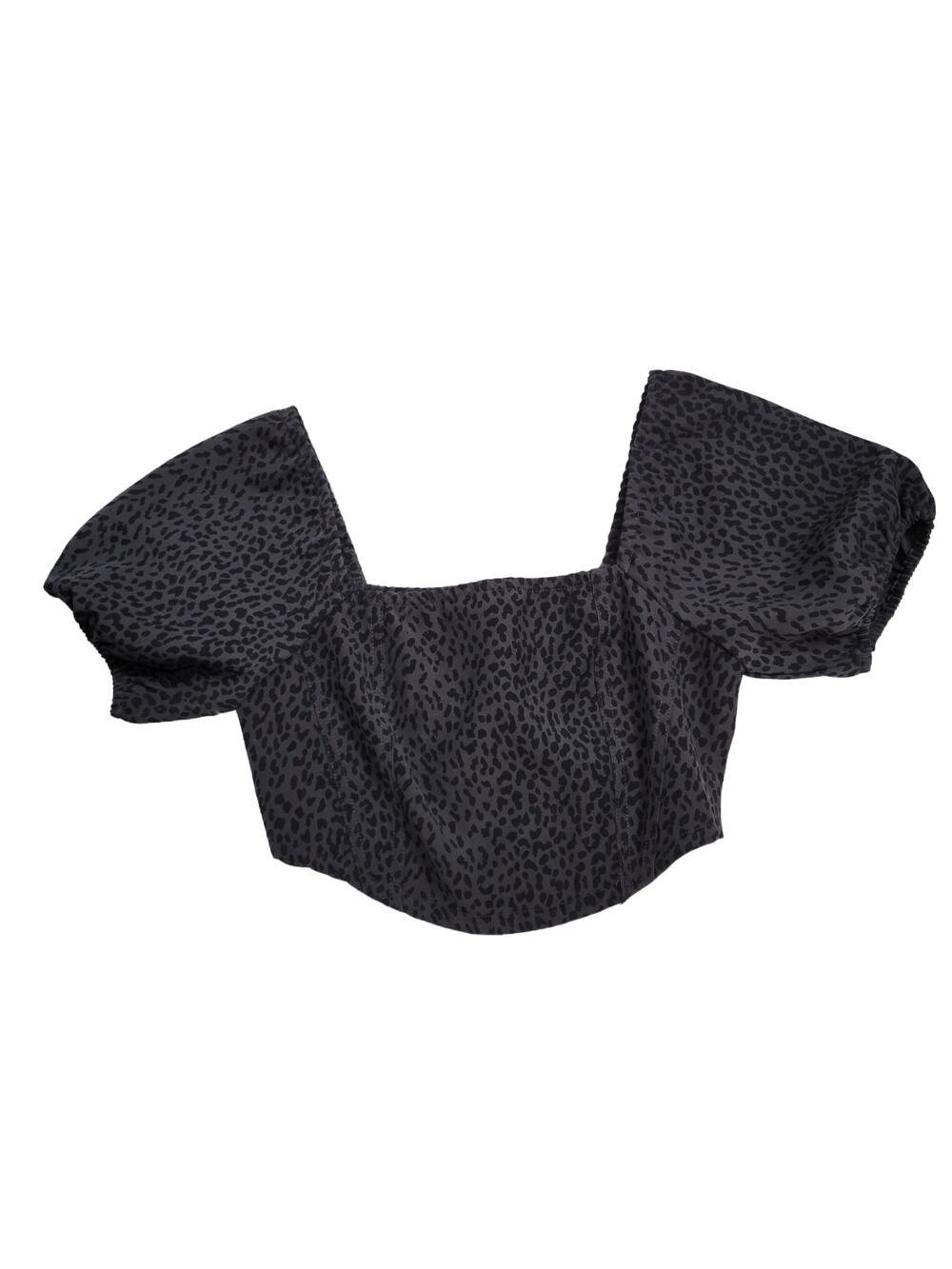 Le Lis Collection Gray & Black Animal Print Puff Sleeve Crop Top